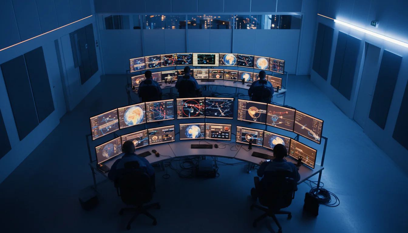 Ingenieurs die orbitale trackingkaarten en thermische beelden monitoren voor AI-satellietobjectdetectie in een moderne controlekamer
