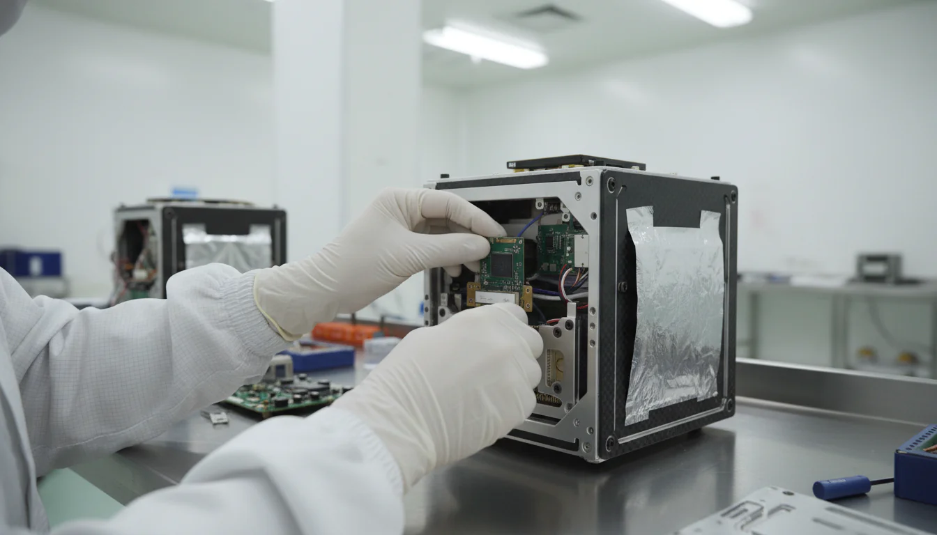 Technicus die een AI-acceleratorkaart installeert in een klein satellietchassis voor onboard objectdetectie in een cleanroom