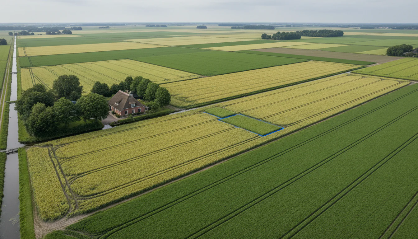 Nederlands landbouwveld met gewasrijen die stressniveaus tonen uit AI-satellietobjectdetectie-analyse