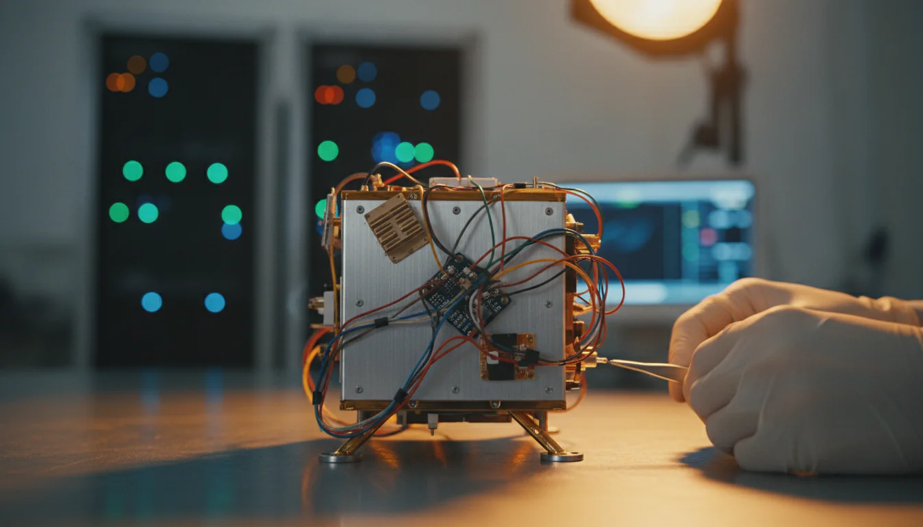 Onderzoeker die een CubeSat-satellietmockup test met thermische sensoren voor AI-satellietobjectdetectie in een universiteitslaboratorium