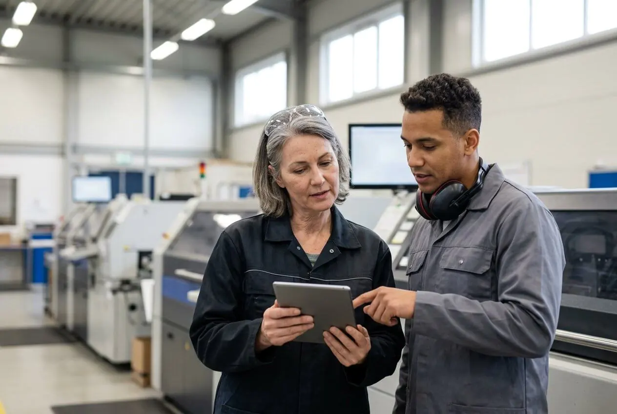 A shift supervisor and a machine operator look at a tablet together on a factory floor