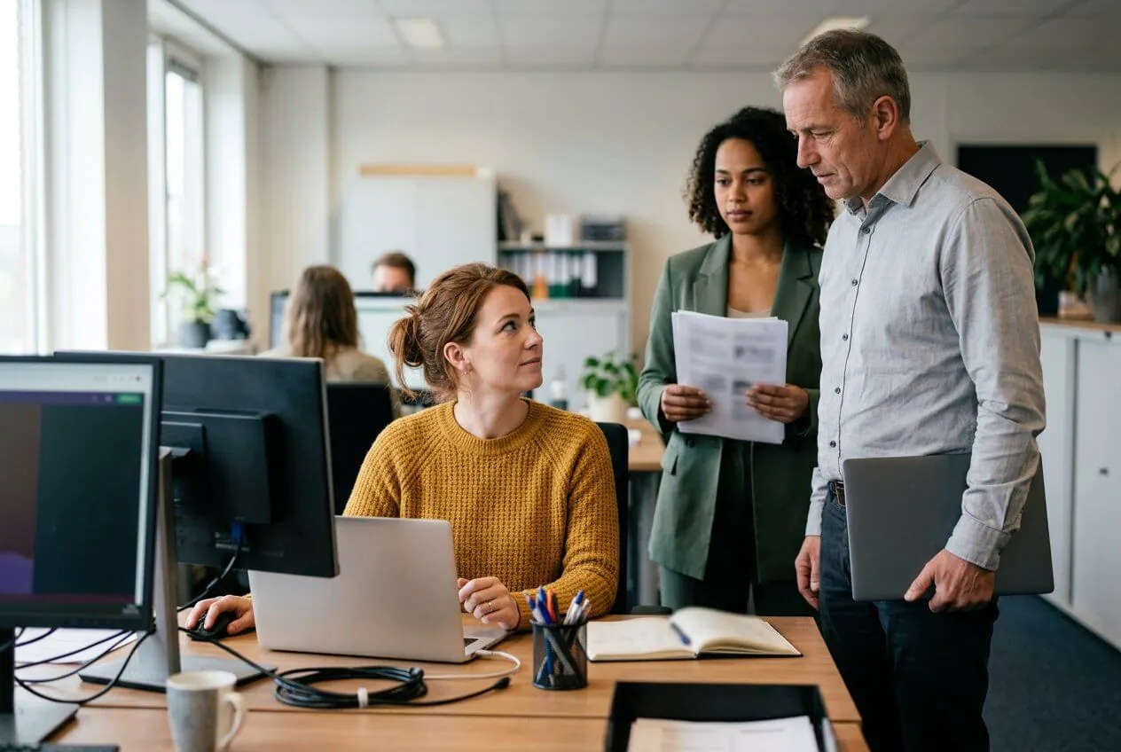 A data analyst at her desk looks up at two colleagues who are waiting with a laptop and printed pages