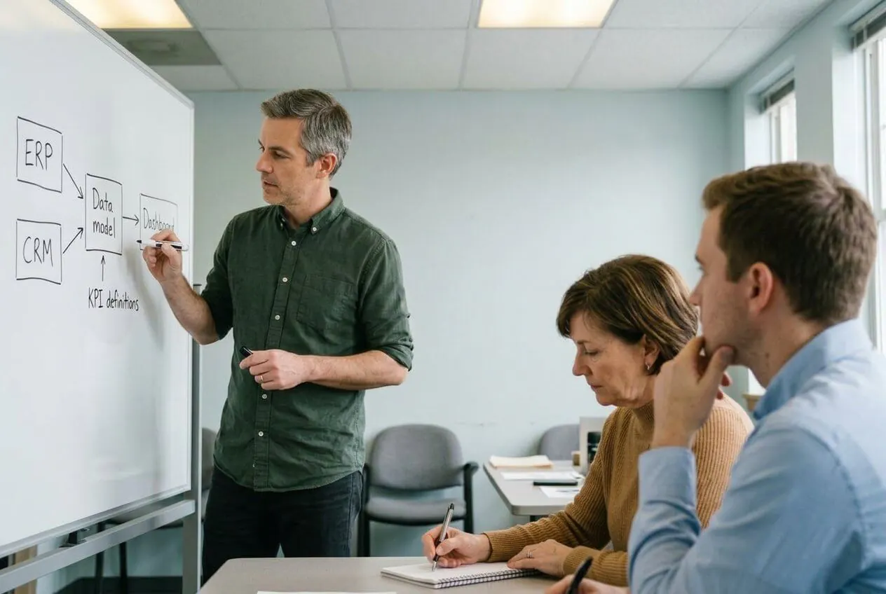 Een consultant tekent op een whiteboard een datastroom van ERP en CRM naar een datamodel en een dashboard, terwijl twee beoordelaars aantekeningen maken
