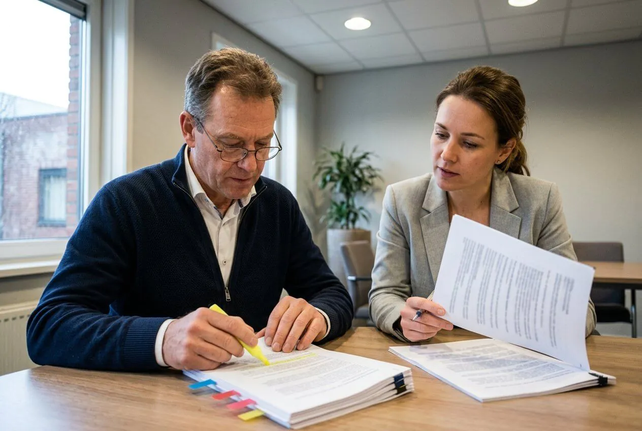 Two people review a printed contract at a table, one marking a passage with a highlighter