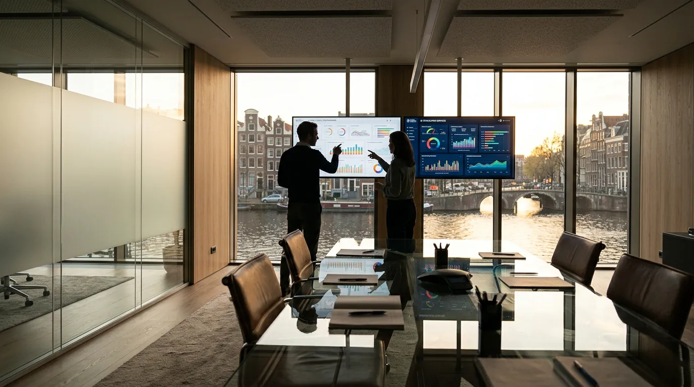 Executives reviewing business intelligence consulting services data dashboards on large monitors in modern boardroom