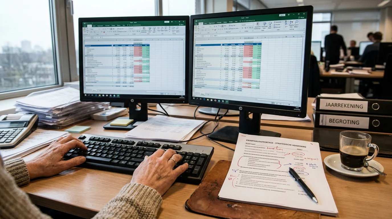 Financieel manager aan een rommelig bureau met twee monitoren waarop Excel-spreadsheets en een geannoteerd boardrapport voor business intelligence consulting services te zien zijn