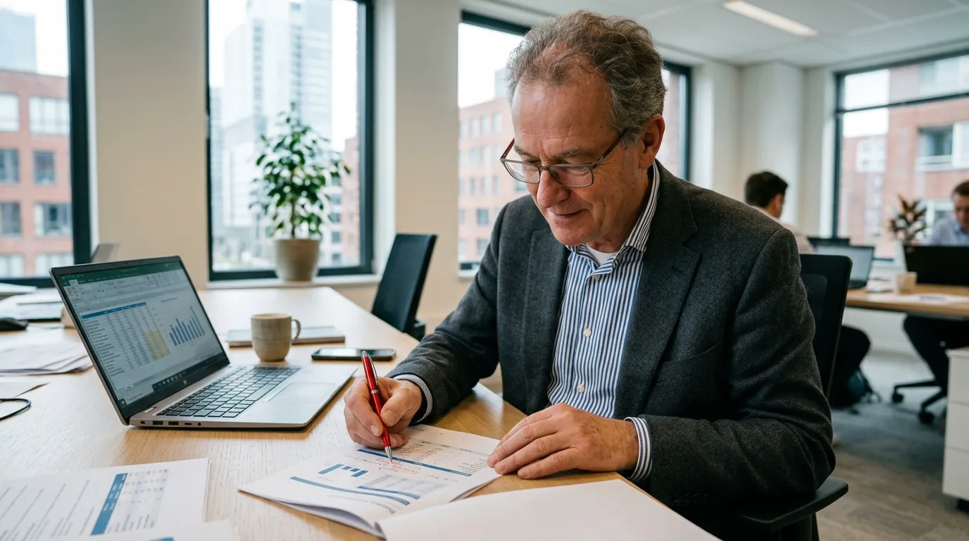 Mkb-CFO die een business intelligence consulting services-voorstel doorneemt met een rode pen aan zijn bureau en een spreadsheet op zijn laptop