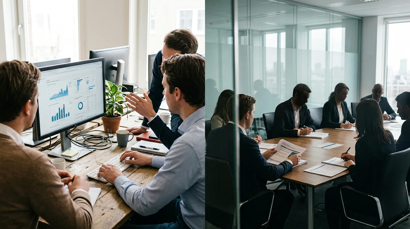 Gesplitste weergave van een startup-team rond een gedeelde monitor en een formele groep met gedrukte presentaties die business intelligence consulting services bespreken