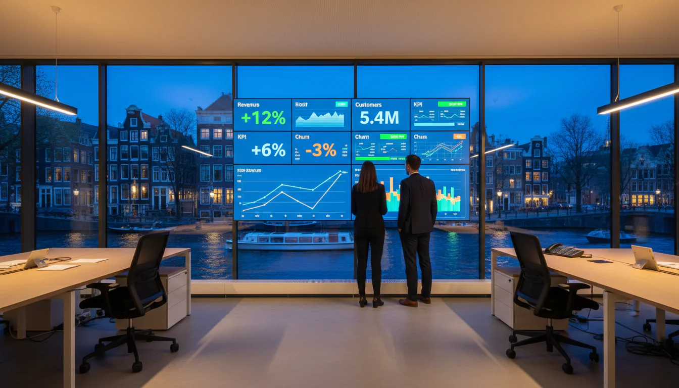 BI Strategie & Roadmap: Complete Gids voor Nederlandse Bedrijven - Wide cinematic shot of a modern Dutch office overlooking an Amsterdam canal at dusk, two p...