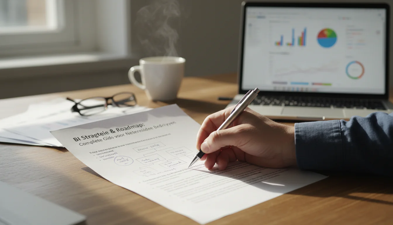 CFO annoteert een afgedrukt eenpagina BI-strategie-framework op bureau met laptop waarop een Power BI-dashboard zichtbaar is – BI strategie gids