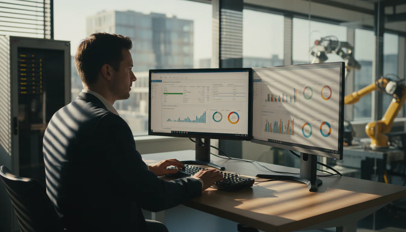 Data-analist in Rotterdams kantoor bekijkt Power BI-dashboards met logistieke KPI's op drie monitoren aan een staand bureau – BI strategie gids