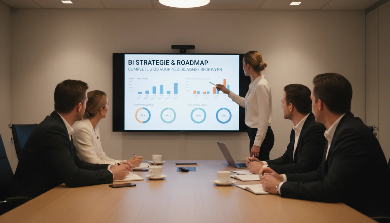 Nederlands managementteam in boardroom-vergadering bekijkt aan de muur gemonteerd KPI-dashboard waarbij één professional naar een metric wijst – BI strategie gids