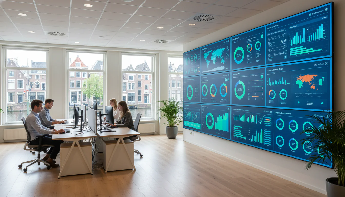Amsterdam office professionals review bi tools vergelijken gids on multiple screens with colorful data dashboards, reports and coffee on conference table