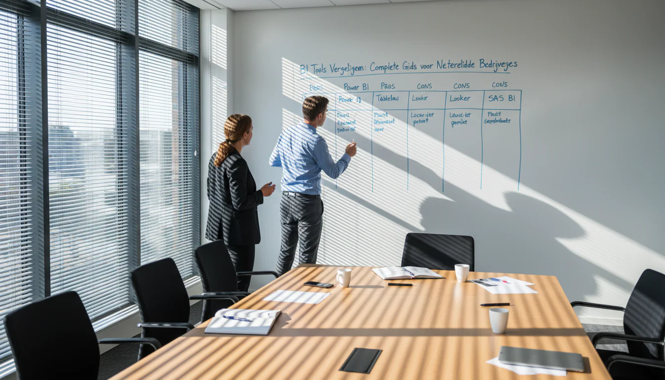 Colleagues in Utrecht conference room discuss BI vendor names pros and cons on whiteboard using bi tools vergelijken gids