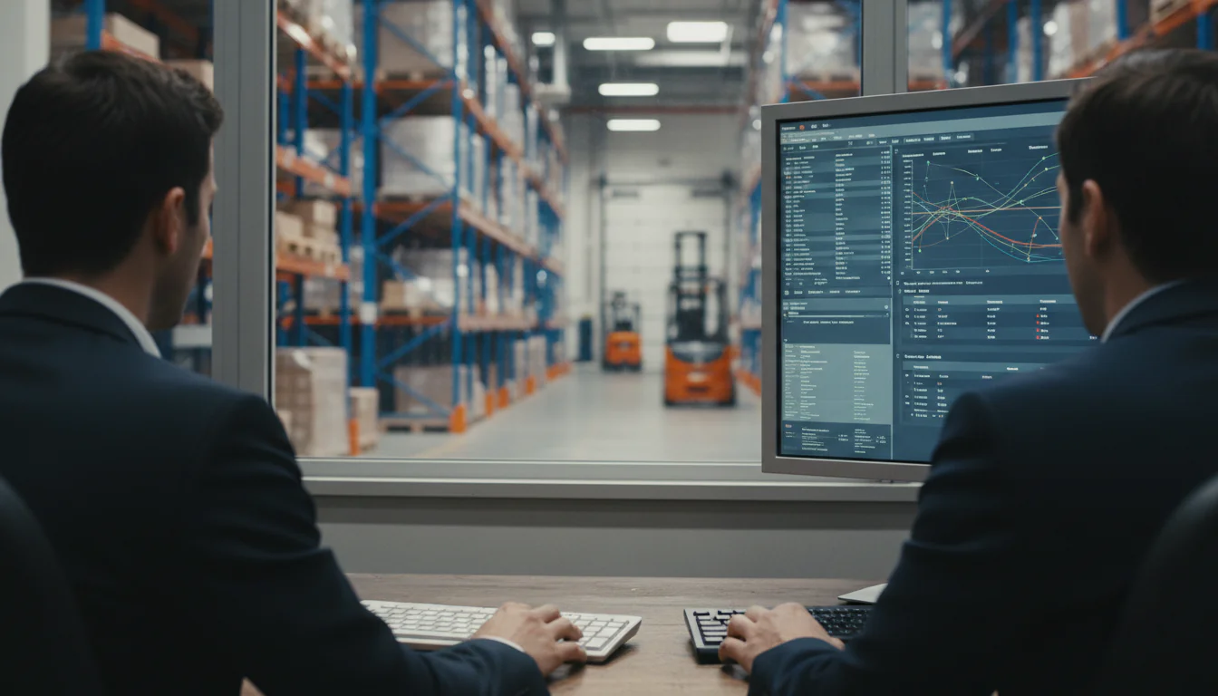 Rotterdam warehouse managers examine real-time inventory dashboard on wall screen with bi tools vergelijken gids