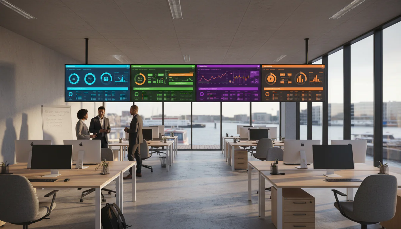 BI voor Specifieke Sectoren: Complete Gids voor Nederlandse Bedrijven - Wide-angle shot of a modern Amsterdam office floor with floor-to-ceiling windows over...