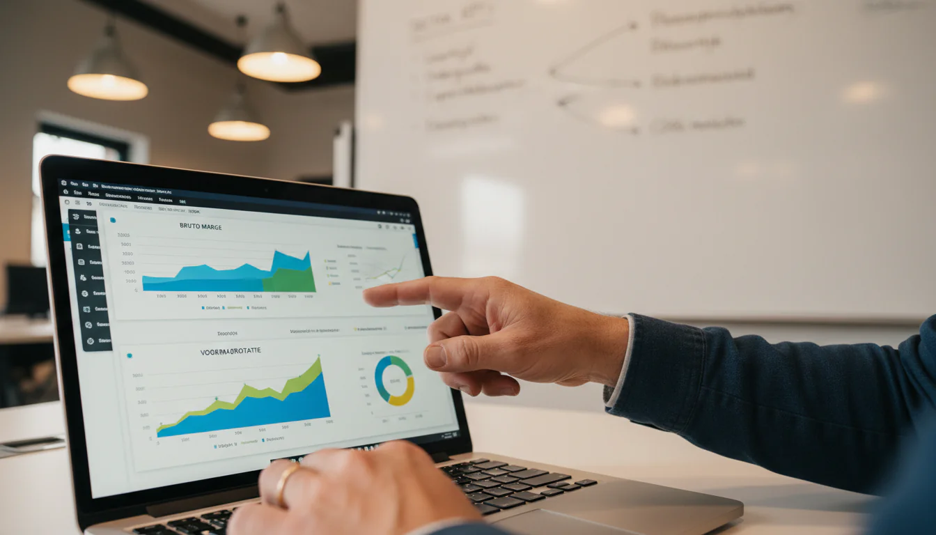 bi retail gids - Close-up of a Dutch mid-market CFO's hands pointing at a laptop screen showing a KPI dashboard with margin and inventory metrics, a whiteboa...