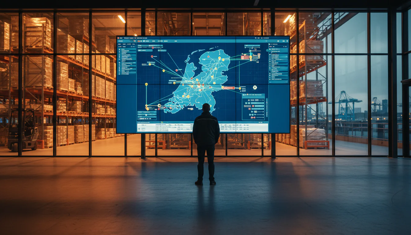 bi retail gids - Wide shot of a Rotterdam logistics hub at dusk, a dispatcher standing with back to camera reviewing a large wall-mounted screen showing rout...