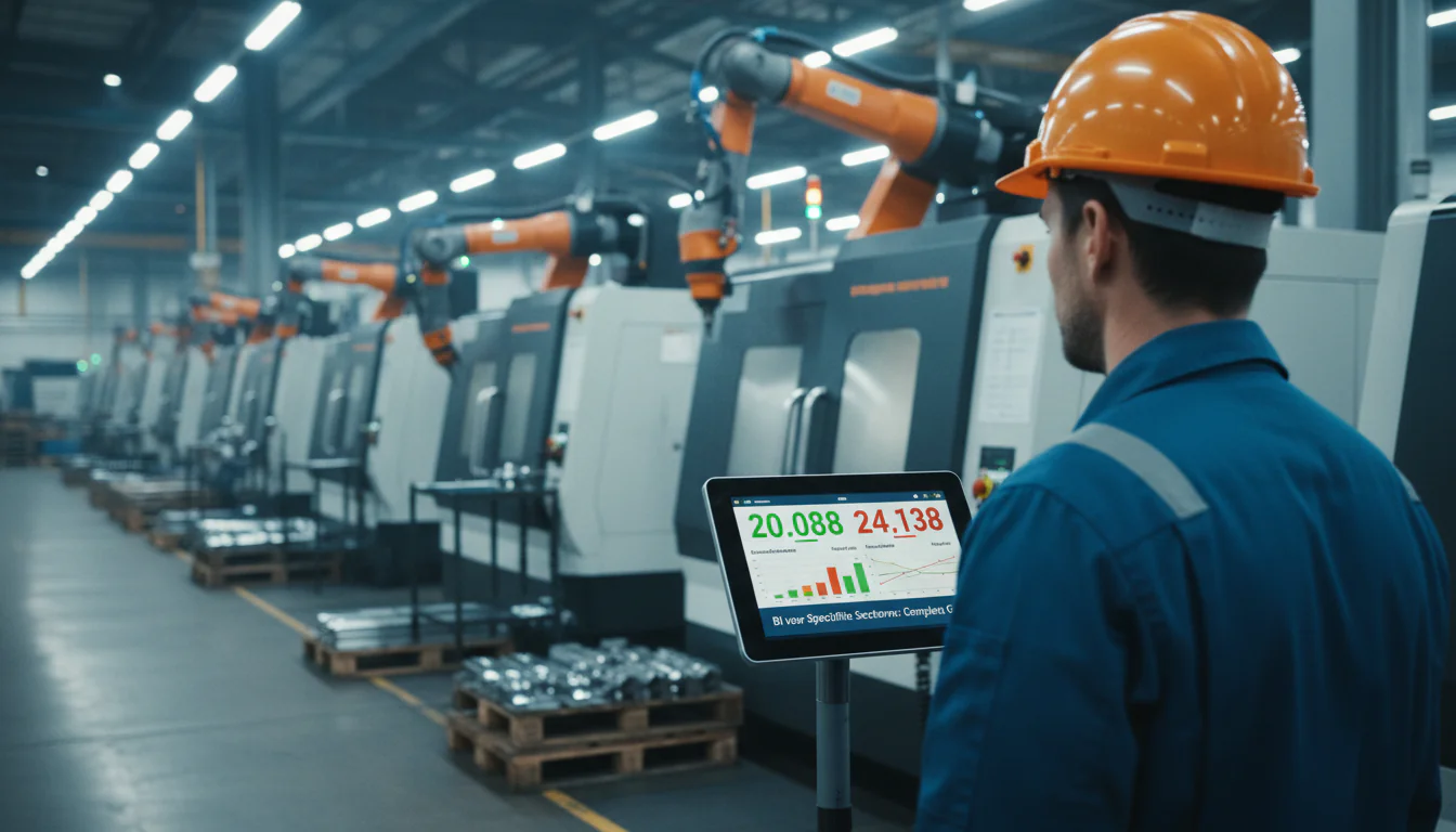bi retail gids - Dutch factory floor with a production supervisor standing with back to camera, reviewing a wall-mounted tablet showing real-time OEE metrics...