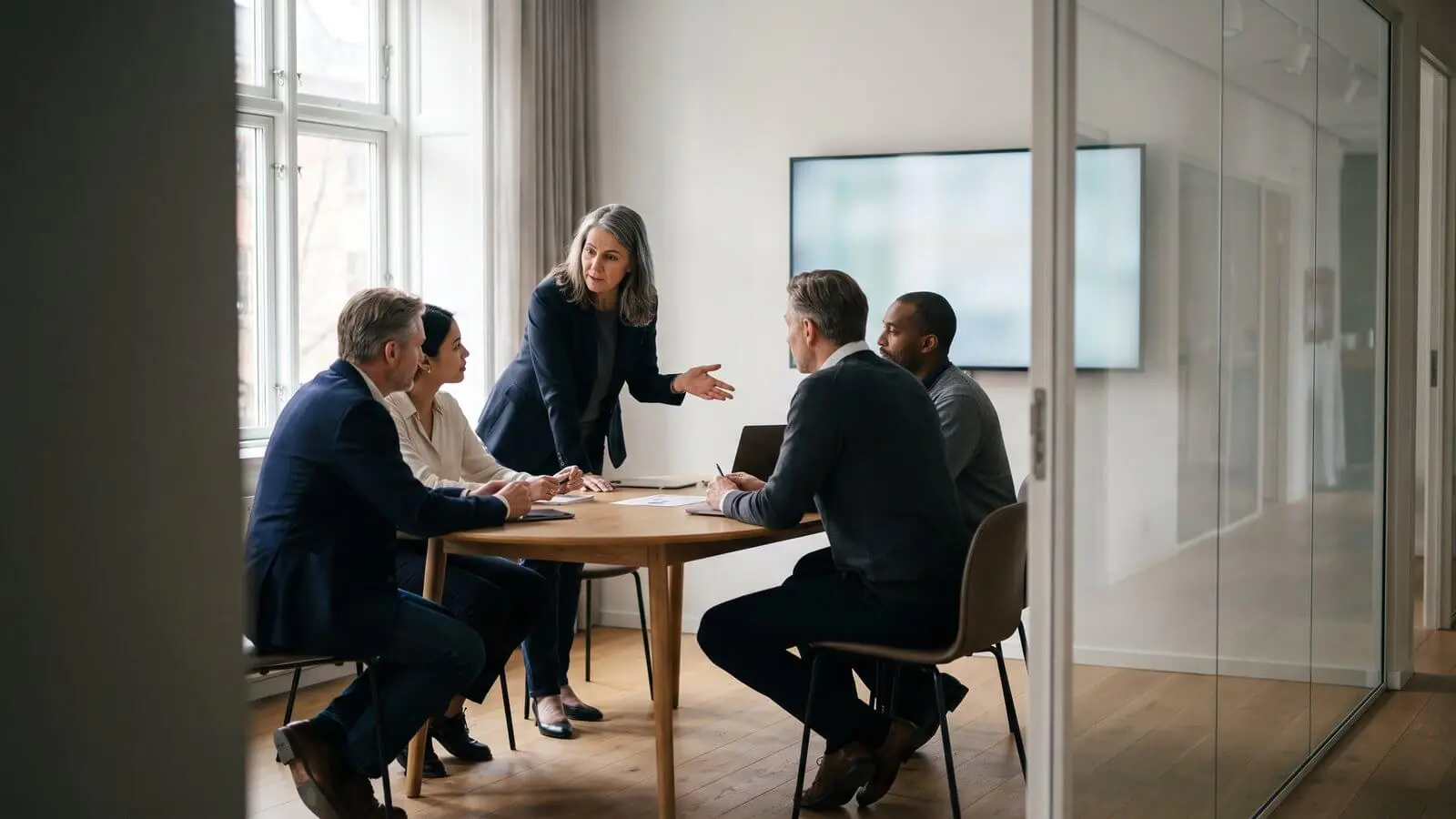Team in a glass-walled meeting room listening to a colleague explain a point