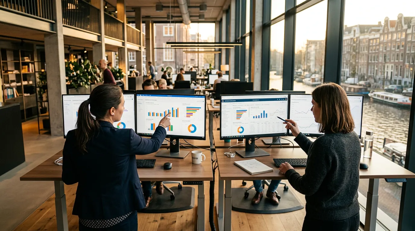 Business intelligence analysts reviewing analytics dashboards on large monitors at standing desks in modern Amsterdam office overlooking canal