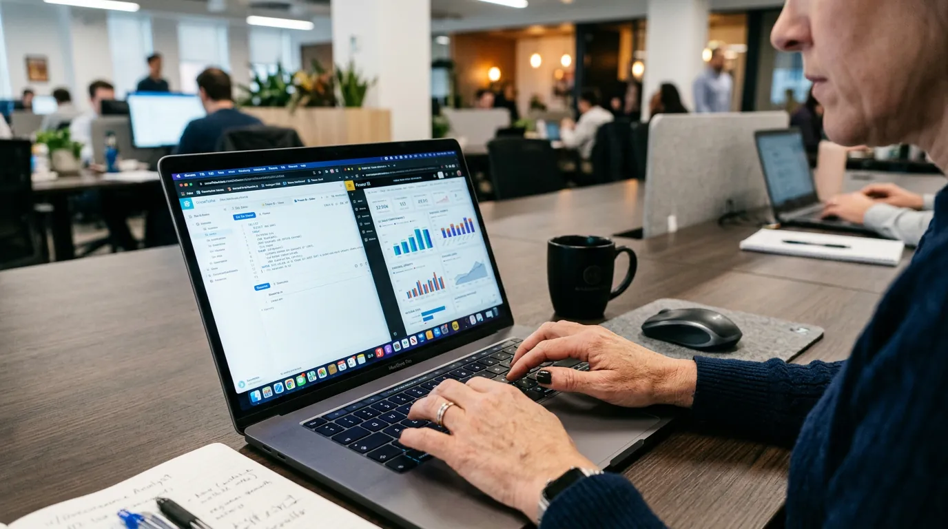 Business intelligence analyst typing SQL queries and viewing Power BI bar charts on laptop in open-plan office