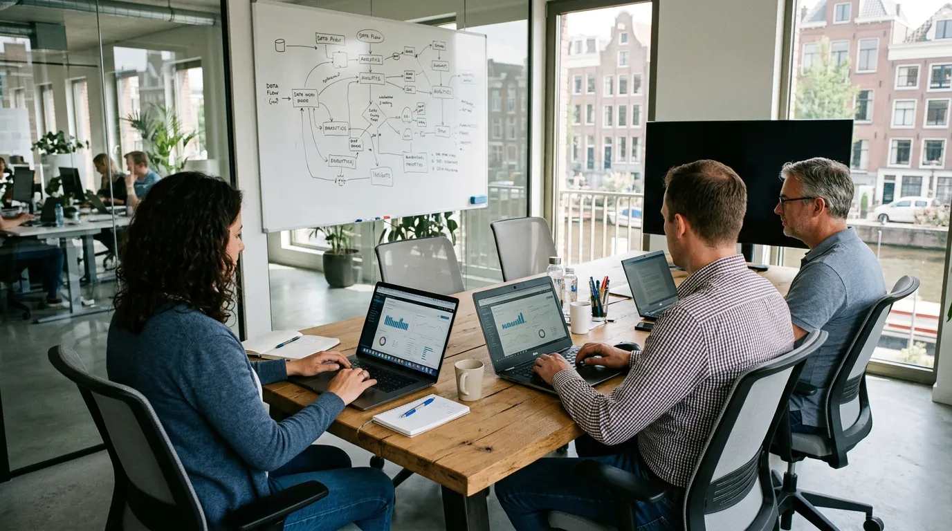 Business intelligence analysts reviewing dashboards on laptops around conference table with flowchart whiteboard in Dutch office meeting room