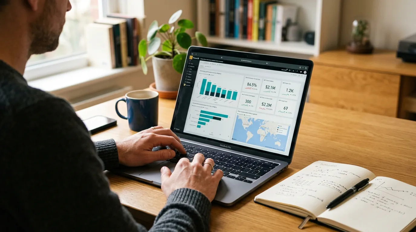 Business intelligence analyst building Power BI dashboard with bar charts and KPI tiles using notes at home workspace