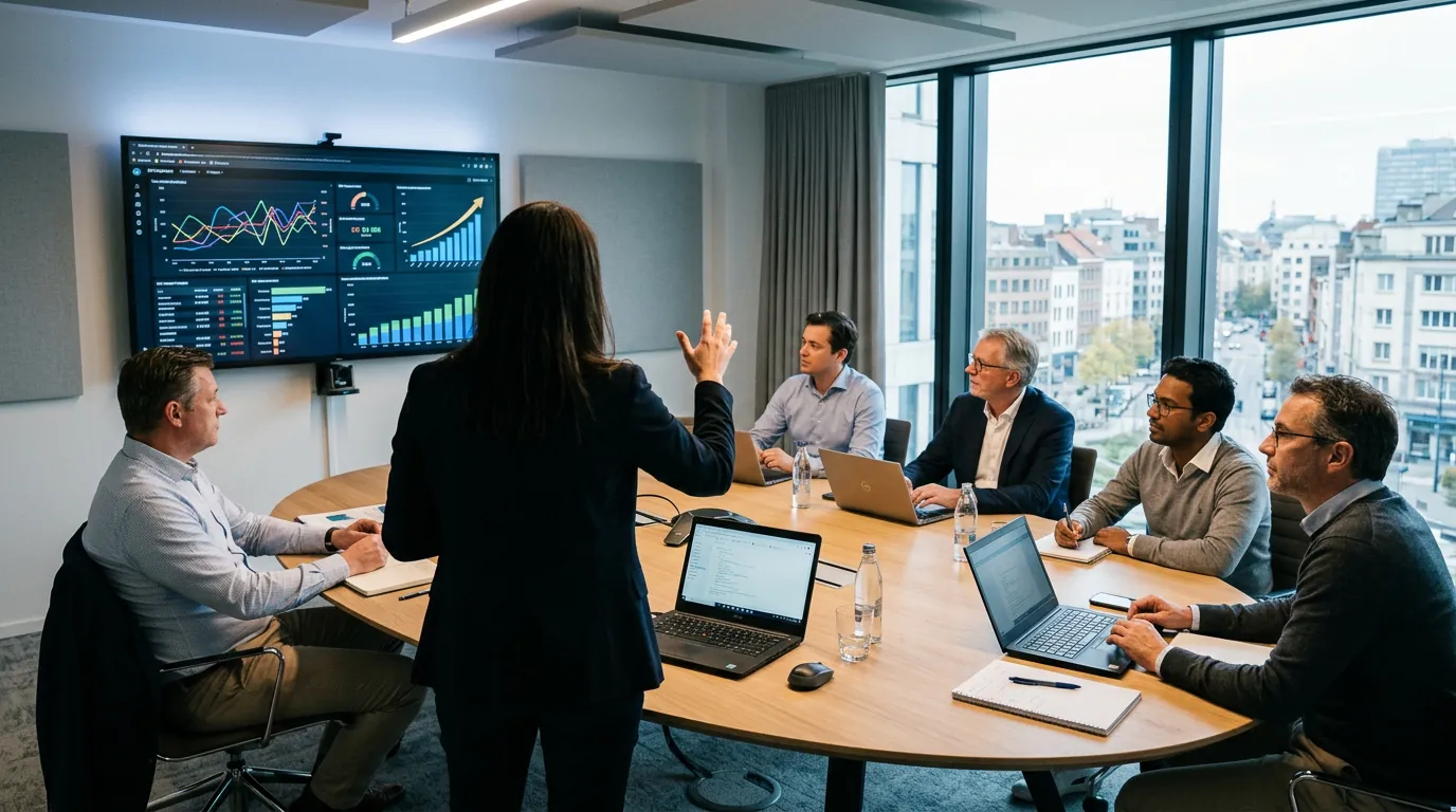 Business intelligence analyst presenting trend lines and KPI metrics on screen to colleagues in modern Belgian boardroom