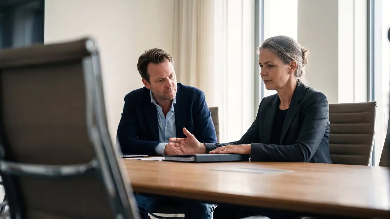 Executive and consultant in conversation at a boardroom table