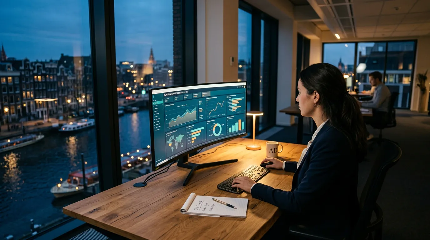 Analyst in modern Amsterdam office reviewing business intelligence dashboards on curved monitor with teal and navy charts