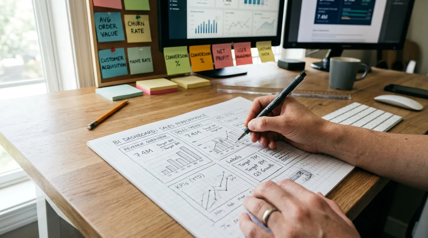 Designer sketching wireframe of business intelligence dashboards on graph paper with KPI sticky notes at standing desk