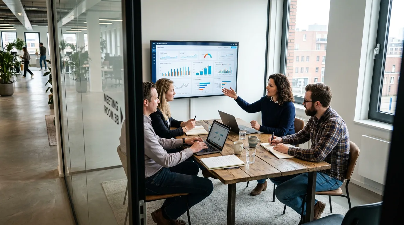 Colleagues in modern office meeting room gathered around large monitor displaying colorful business intelligence dashboards