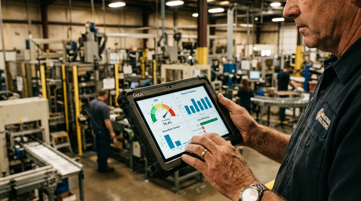 Plant manager holding rugged tablet showing business intelligence dashboards with OEE gauge and production charts in factory