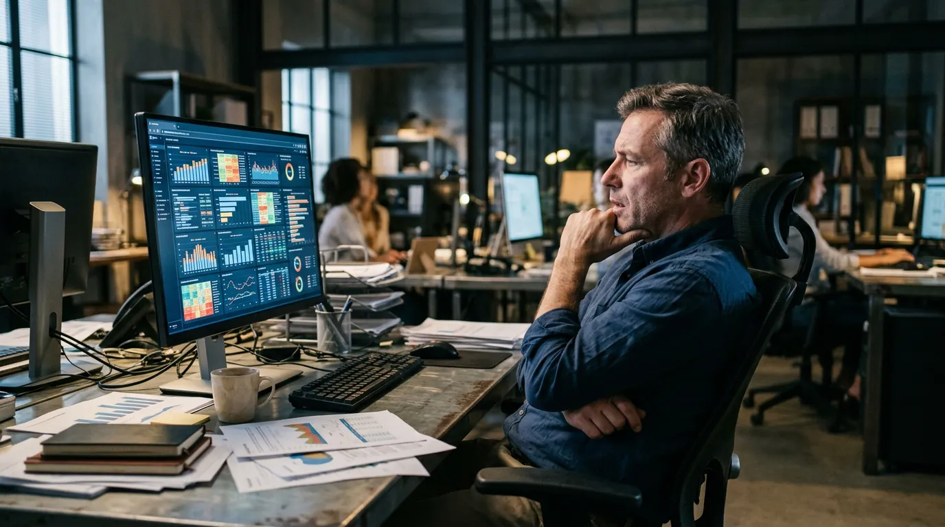 Frustrated manager in office chair staring at cluttered business intelligence dashboards with overlapping charts and tables