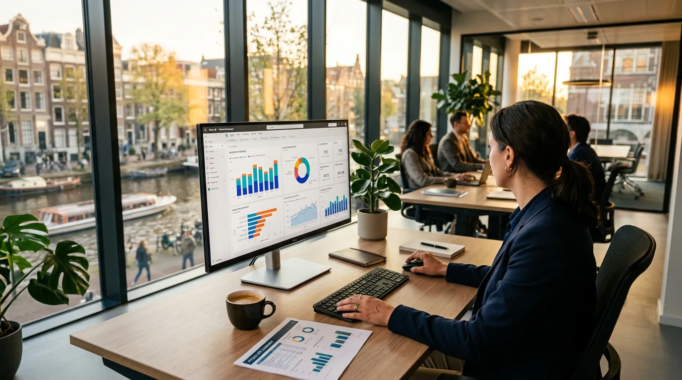 Professional hands scrolling business intelligence exercises on Power BI dashboard with KPI report and coffee on modern office desk