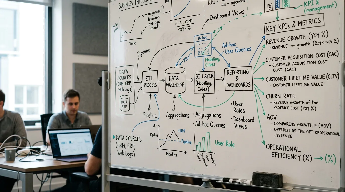 Whiteboard displaying data flow diagrams and KPI definitions for business intelligence exercises with laptop in background