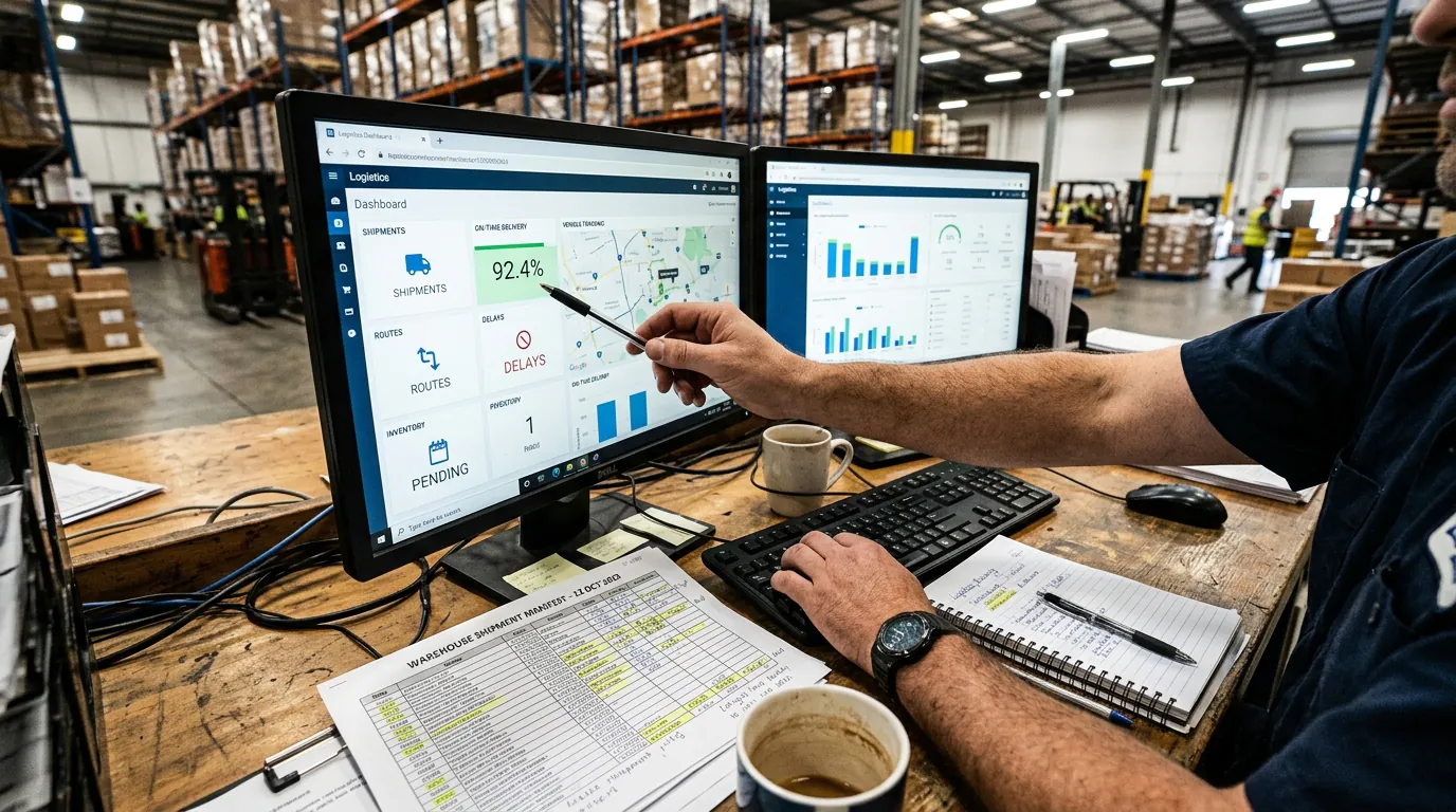 Warehouse desk with logistics dashboards on monitors, shipment manifest, and hand pointing at on-time delivery metric in business intelligence exercises