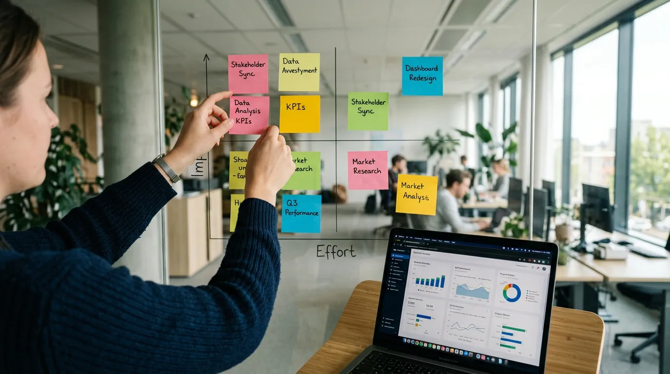 Hands arranging sticky notes in 2x2 priority matrix on glass wall near laptop showing business intelligence exercises dashboard