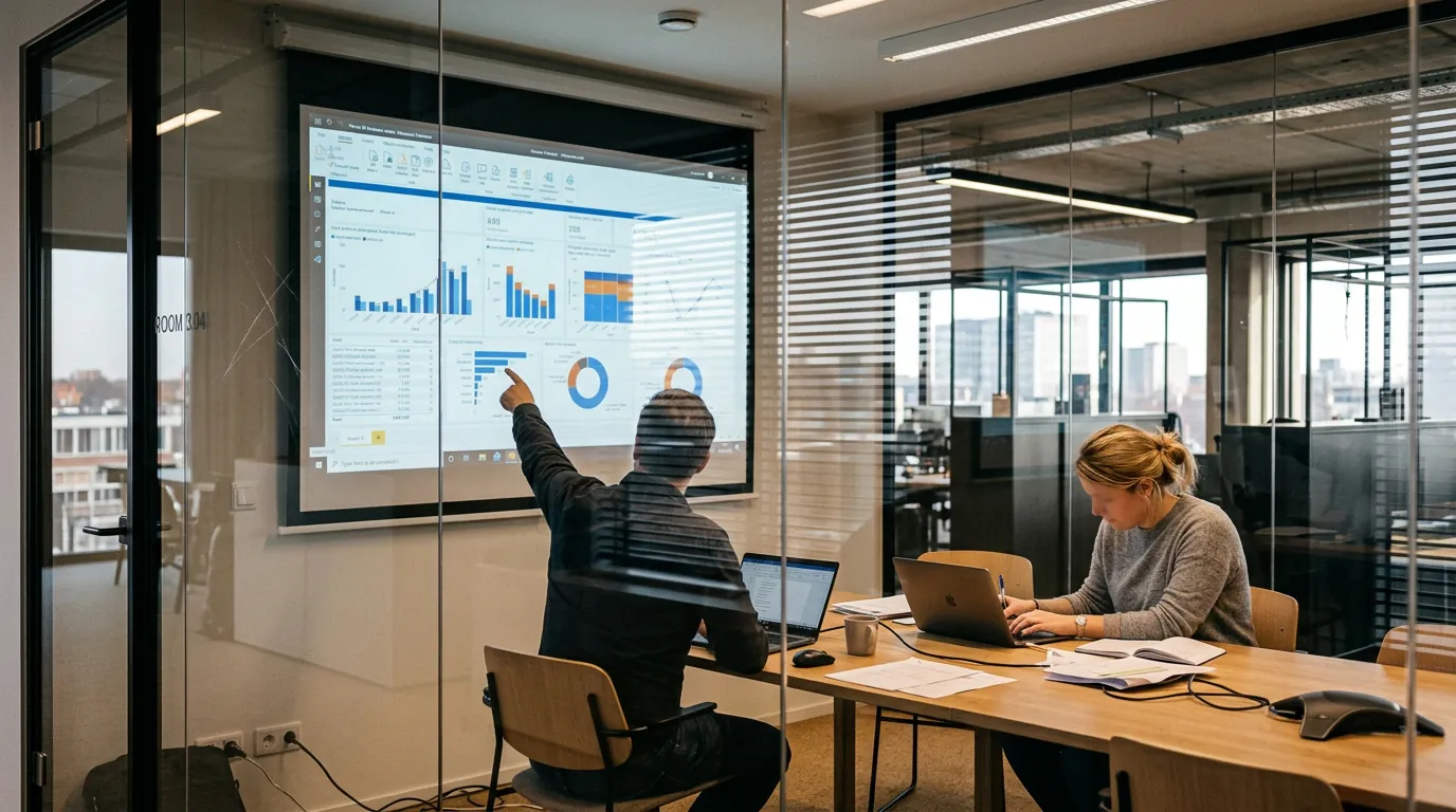 Colleagues reviewing business intelligence exercises on projected Power BI dashboard while taking notes on laptop in meeting room