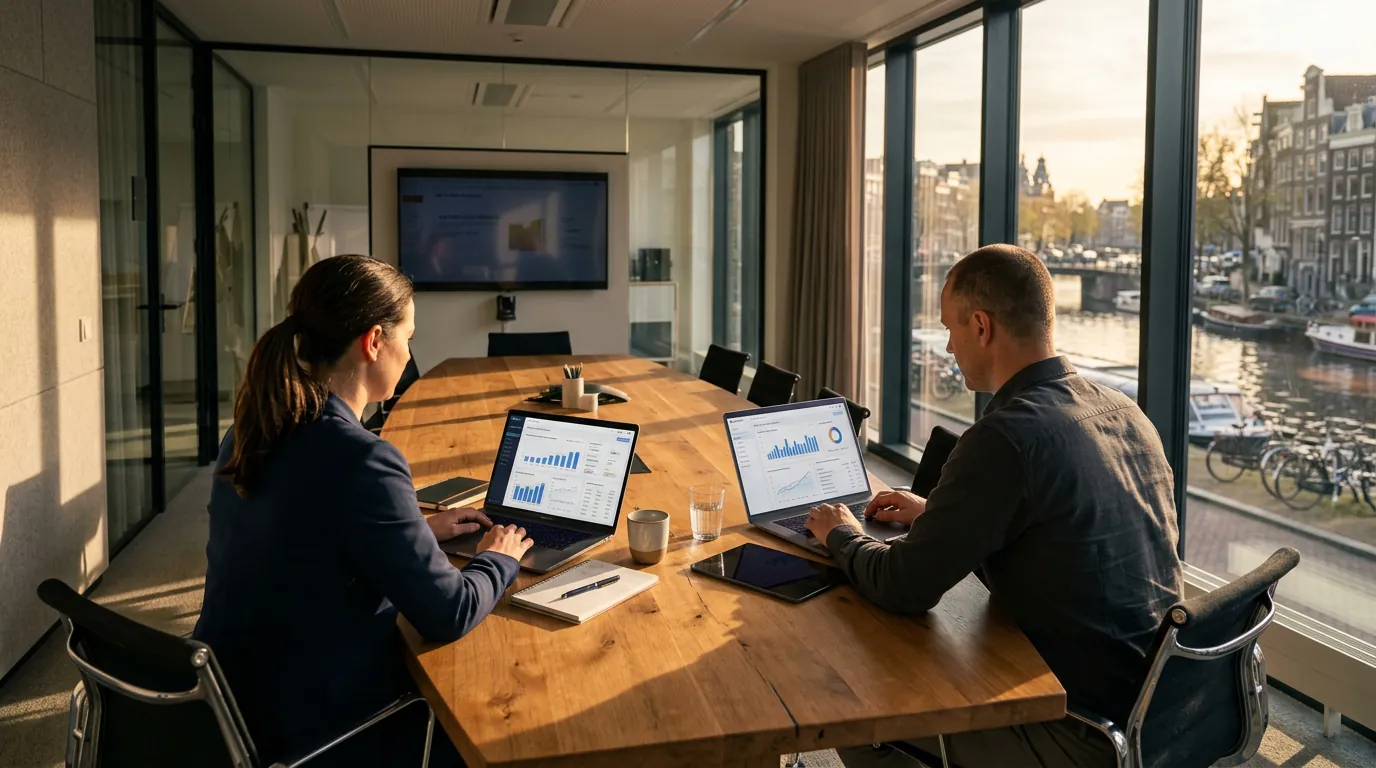 Team collaborating on business intelligence services with analytics dashboards on laptops in modern Amsterdam office meeting room