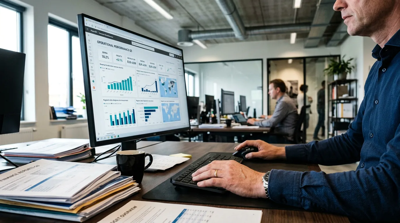 Finance manager scrolling through business intelligence services Power BI dashboard on monitor amid printed reports in open-plan office