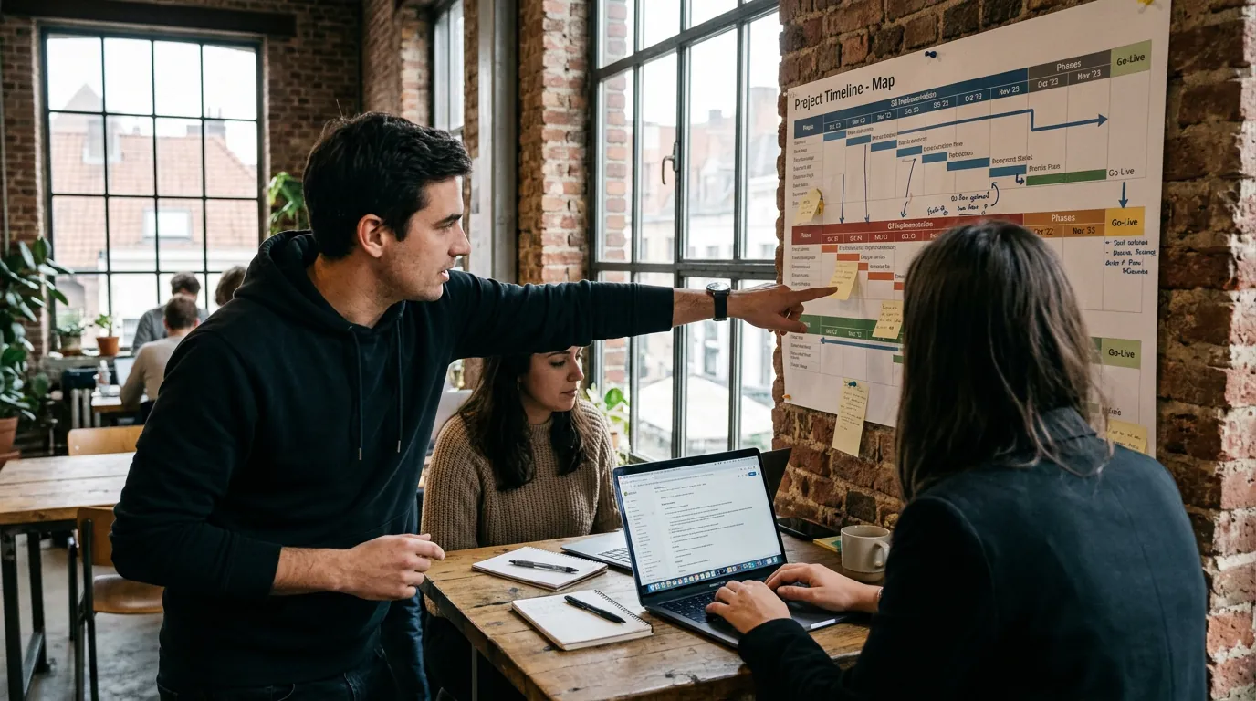 Professionals in Ghent co-working space reviewing project timeline for business intelligence services while taking notes on laptop