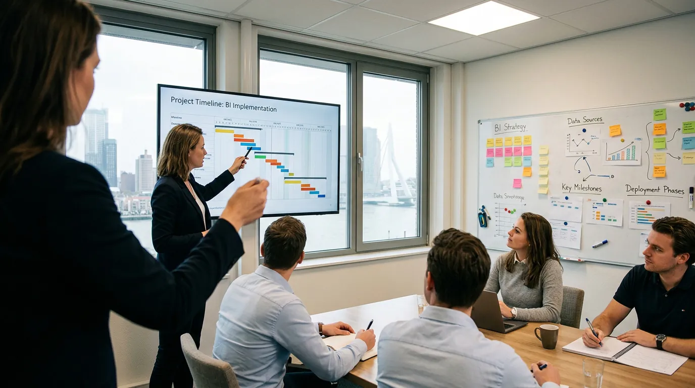 Consultant presenting business intelligence services project timeline on screen to colleagues with notebooks in Rotterdam conference room