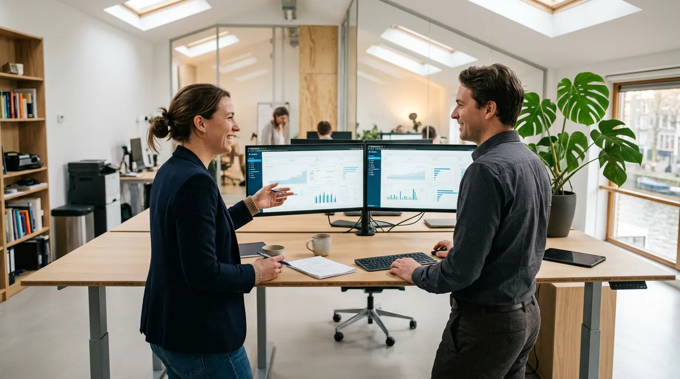 Consultants discussing business intelligence services at standing desk with dual analytics dashboards in modern Dutch office