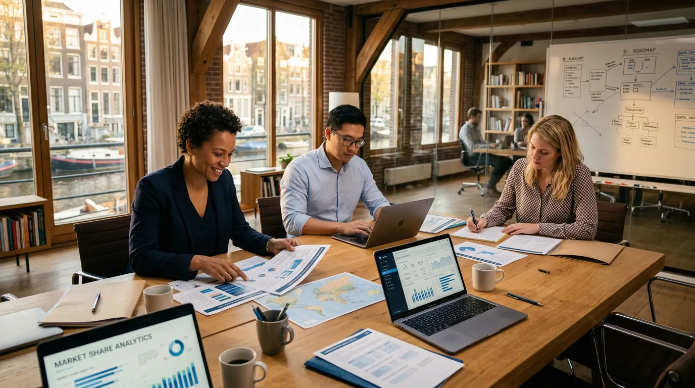 Professionals reviewing business intelligence strategy documents and analytics dashboards on laptops at conference table in modern office