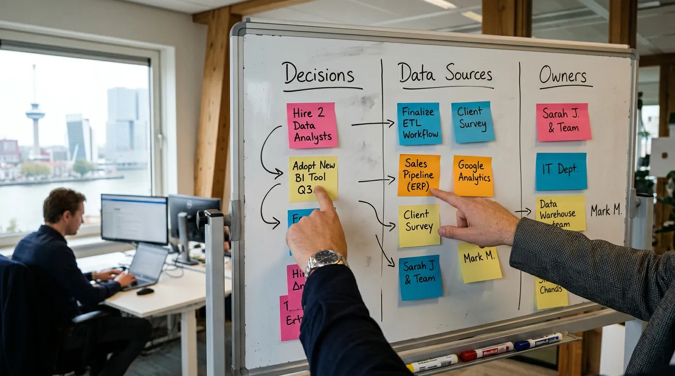 Whiteboard with sticky notes organized into Decisions, Data Sources, and Owners columns for business intelligence strategy planning