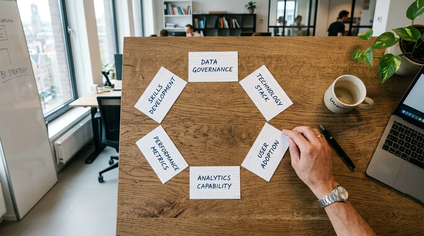 Index cards in circular pattern on office desk labeled with business intelligence strategy pillars during planning session