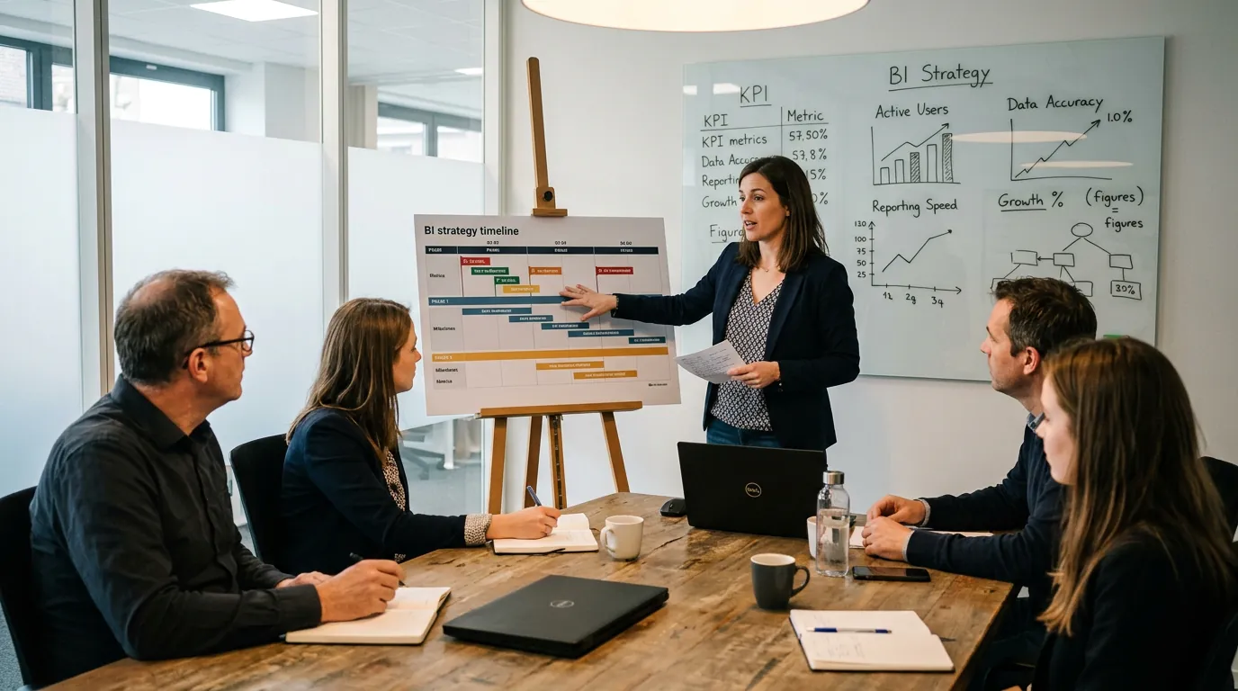 Projectmanager die een roadmap-tijdlijn voor een business intelligence strategie presenteert aan collega's met KPI-metrieken op een whiteboard