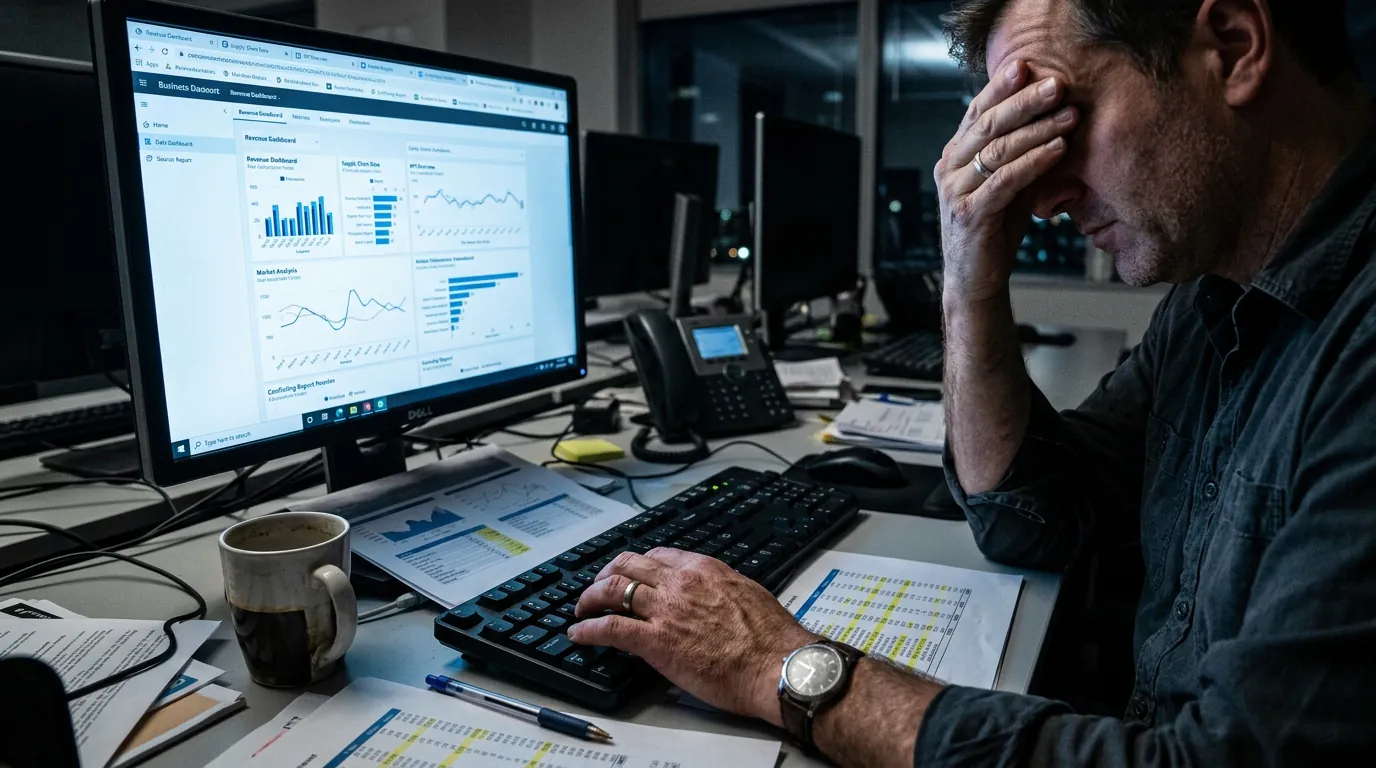 Professional comparing conflicting metrics from multiple business intelligence strategy dashboard tools on computer screen